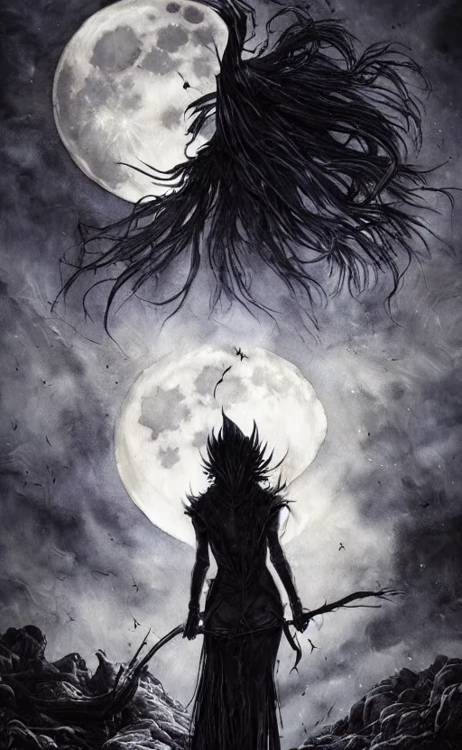 Image similar to book cover art, female dark witch from behind in front of the full big moon, watercolor, dramatic lighting, cinematic, establishing shot, extremely high detail, foto realistic, cinematic lighting, pen and ink, intricate line drawings, by Yoshitaka Amano, Ruan Jia, Kentaro Miura, Artgerm, post processed, concept art, artstation, matte painting, style by eddie mendoza, raphael lacoste, alex ross