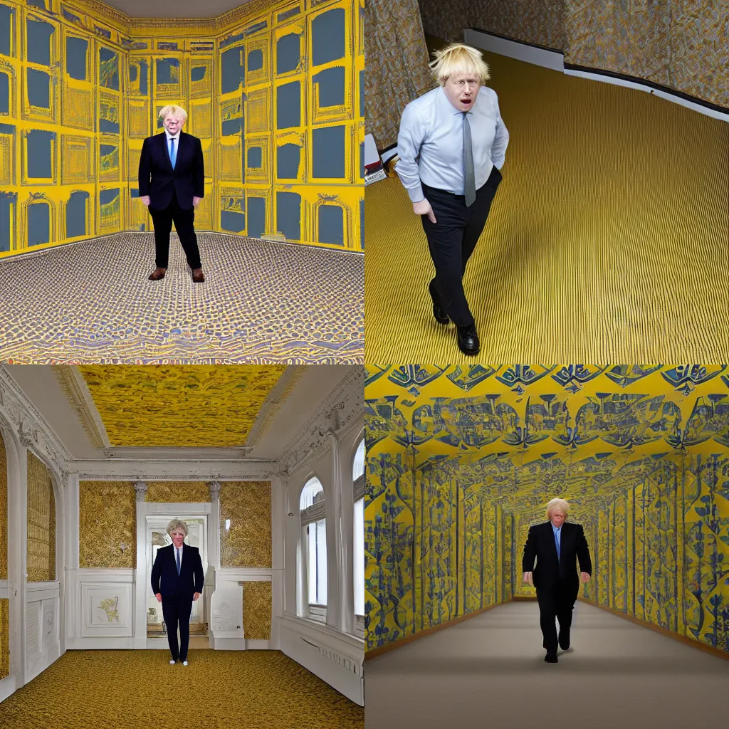 Prompt: boris johnson stuck in infinite yellow rooms with old wallpaper, fluorescent lights and carpet, grainy photo