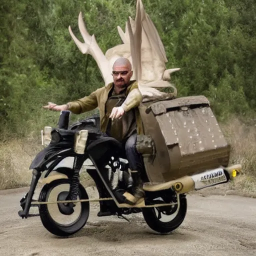 Image similar to Walter White riding a raptor