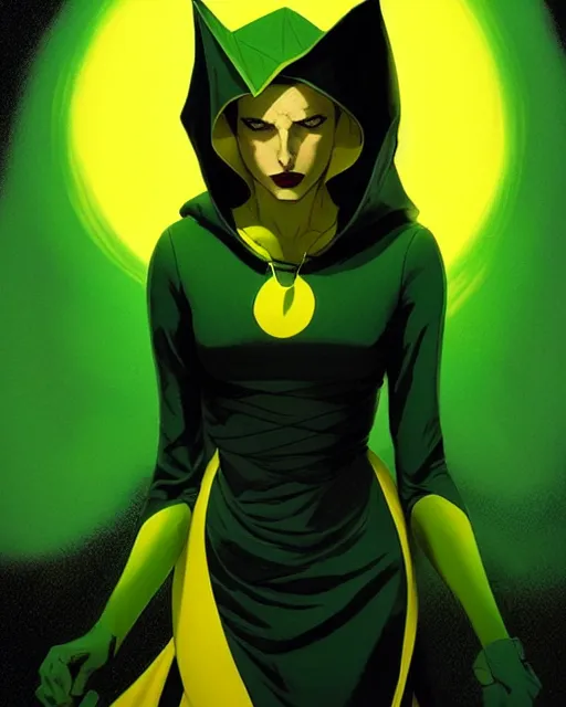 Prompt: Rafeal Albuquerque comic art, Joshua Middleton comic art, cinematics lighting, beautiful Anna Kendrick supervillain, green dress with a black hood, yellow eyes, angry, symmetrical face, full body, flying in the air, night time, red mood in background