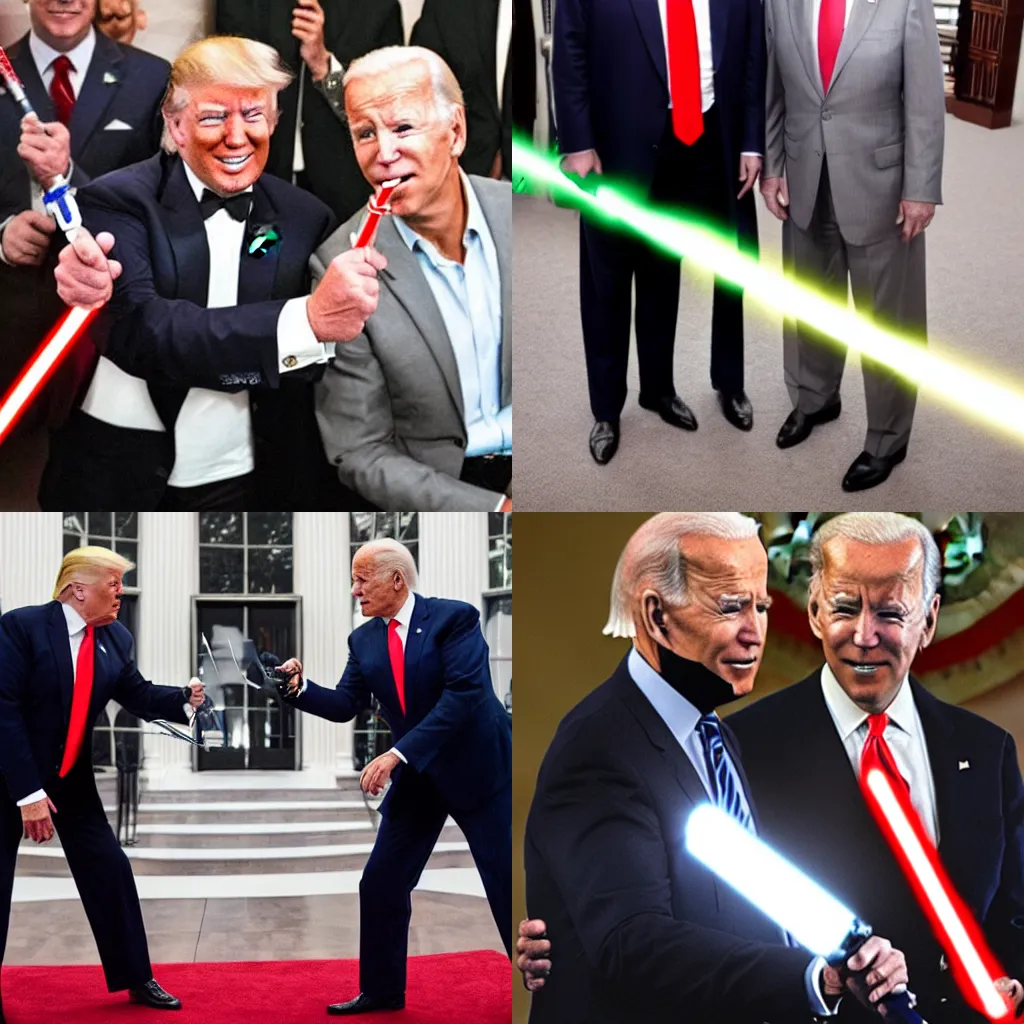 Prompt: donald trump and joe biden holding a light saber