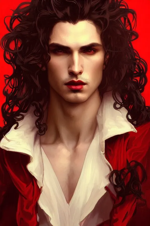 Image similar to portrait of a beautiful young fit male vampire with long curly hairs, dressed with expensive clothes, by greg rutkowski and alphonse mucha, d & d character, gradient white to red, modern nocturnal background, highly detailed portrait, digital painting, artstation, concept art, smooth, sharp focus ilustration, artstation hq