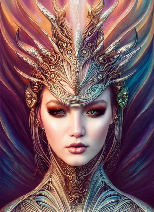 Image similar to portrait of mermaid warrior, intricate, sharp focus, octane render, detailed, beautiful, unreal engine, symmetrical!!, loreal, maybelline, sephora, loreal, artstation, art by karol bak, art by artgerm, rossdraws, makeup by pat mcgrath, cinematic, concept art, filmic, vsco