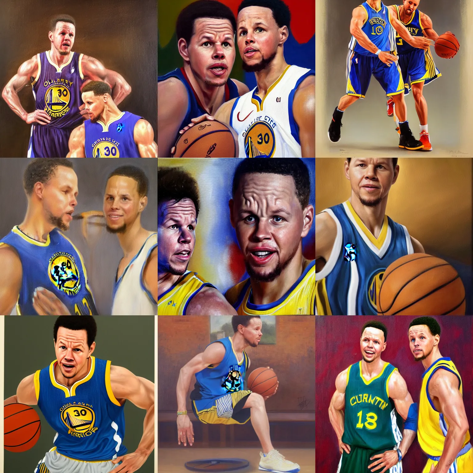 Prompt: portrait of mark wahlberg portraying steph curry, mark wahlberg sweating on the basketball court, oil on canvas painting, by william sidney mount - 1 8 3 3, trending on artstation