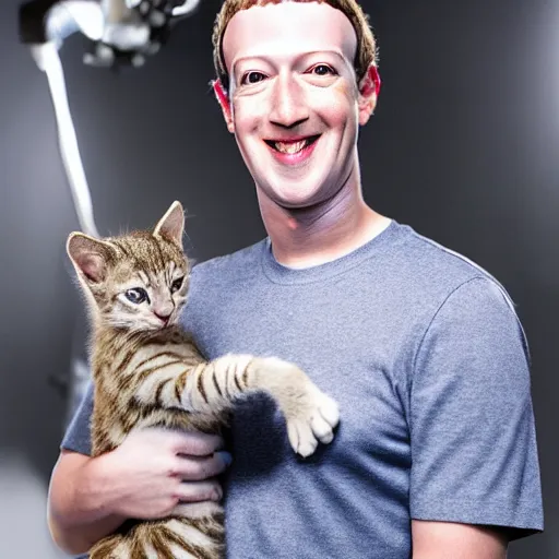 Prompt: animatronic Mark Zuckerberg with kitten, exposed mechanics, photo, Stan Winston studios, detailed, 4k
