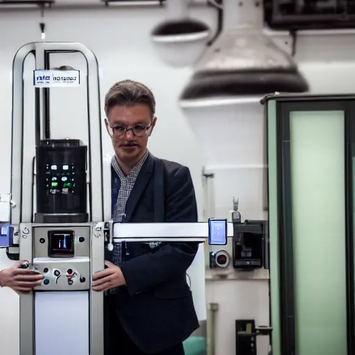 Image similar to A random pointless contraption pneumatic machine with no apparent purpose, being operated by a scholarly looking man with a clear directed gaze, XF IQ4, f/1.4, ISO 200, 1/160s, 8K, RAW, unedited, symmetrical balance, in-frame