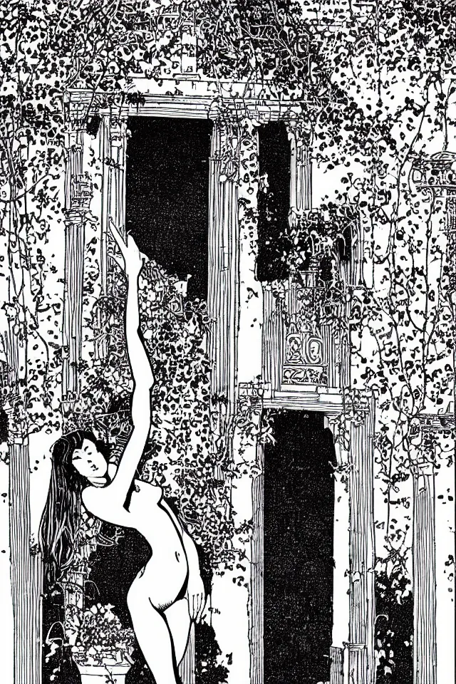 Image similar to beautiful woman at the entrance of the temple of desire by sergio toppi and apollonia saintclair