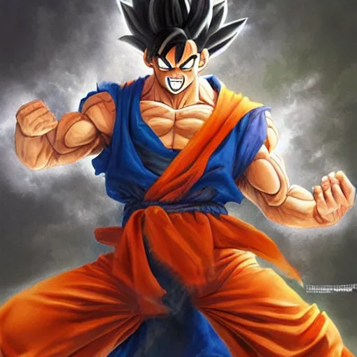 Image similar to beautiful hyperrealistic detailed matte portrait painting of happy goku, by andreas rocha and john howe, and martin johnson