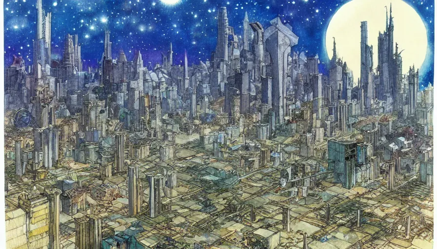 Prompt: hyperrealist studio ghibli watercolor fantasy concept art of destroyed megapolis. it is a misty starry night. by rebecca guay, michael kaluta, charles vess