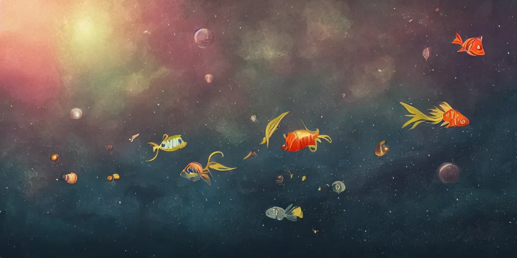 Image similar to a group of fishes of different types and sizes swimming between the clouds in outer space, stars and suns in the background, landscape, Artstation Trending, cgsociety, high quality, very coherent, ultra realism, high definition, post processing, unreal engine, 8k, high resolution, octane render, 4k UHD, photographic, digital art, art by uroš golubović artstation + bobryshev aleksandr artstation + ranulf busby doku artstation + echo lima artstation