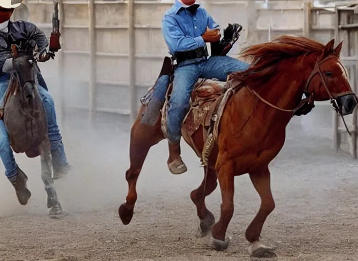 Image similar to a cowboy horse chase vigilantes with face masks disguise, shoot out, exploding horse wide shot, from the hit 1 9 9 0 s tv show on tnt