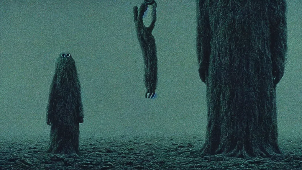 Image similar to the strange creature was sad, for they could not speak, film still from the movie directed by christopher nolan and david cronenberg with art direction by zdzisław beksinski and dr. seuss