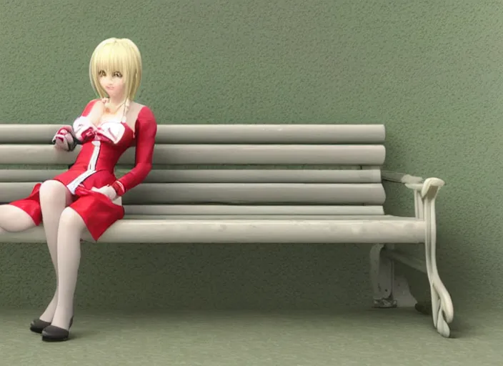 Image similar to 3D render of Marie Rose from Dead or Alive sitting on a park bench