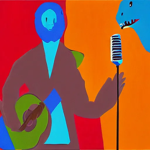 Prompt: “dinosaur singing karaoke detailed trex minimalism Edward Cooper Matisse digital art oil painting”