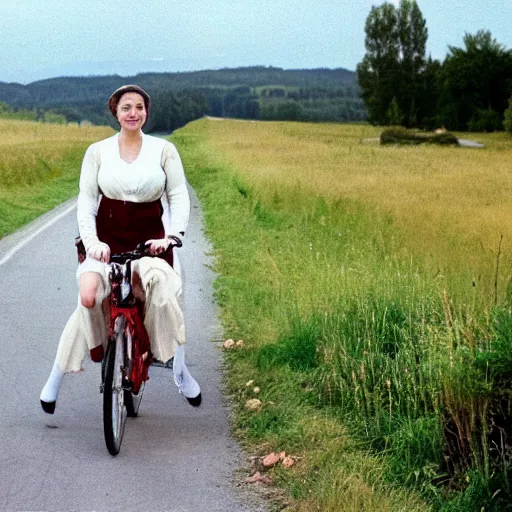 Prompt: a shy young woman is seen riding her bicycle while posing for a photograph in the 1 9 9 0 s on a rural road. she's dressed in a vintage alpine dirndl, a wool cardigan, brogue - style shoes, and bobby socks.