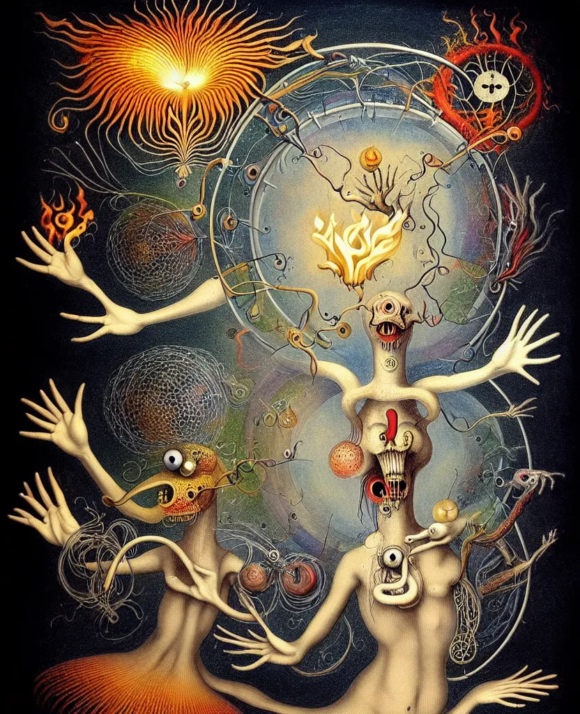 Image similar to whimsical freaky creature sings a unique canto about'as above so below'being ignited by the spirit of haeckel and robert fludd, breakthrough is iminent, glory be to the magic within, painted by ronny khalil