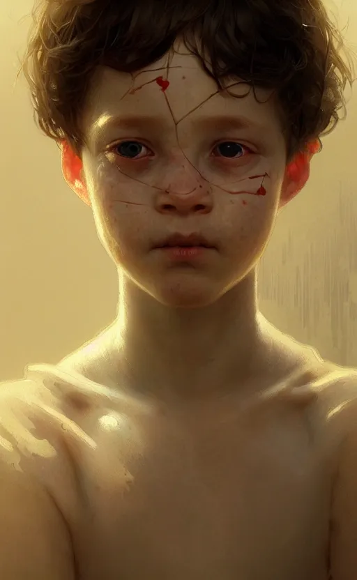 Image similar to a portrait of a blind child, sick white skin, concept art, deep focus, intricate, highly detailed, digital painting, artstation, matte, sharp focus, illustration, art by greg rutkowski and alphonse mucha