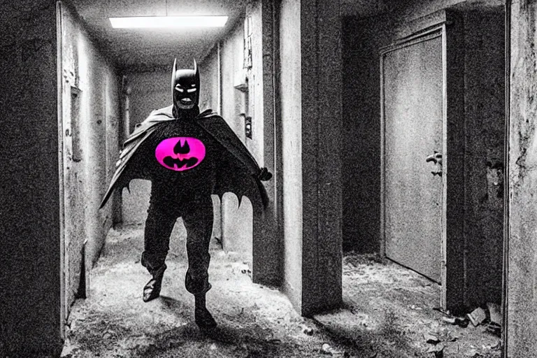 Image similar to batman wearing pink apron wielding an axe, chasing through old brown decrepit hallway, creepy smile, atmospheric eerie lighting, dim lighting, bodycam footage, photograph