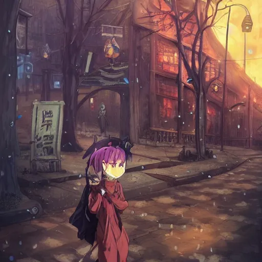Prompt: an anime about a ninja character with an animal skull for face, 9 massive fox tails trailing behind magical grim reaper robes, walking through a crowded city street at night under starry skies, halloween decorations, wonder, anime, furry, peaceful, street view, vhs, art by yuji ikehata and hayou miyazaki, trending on art station