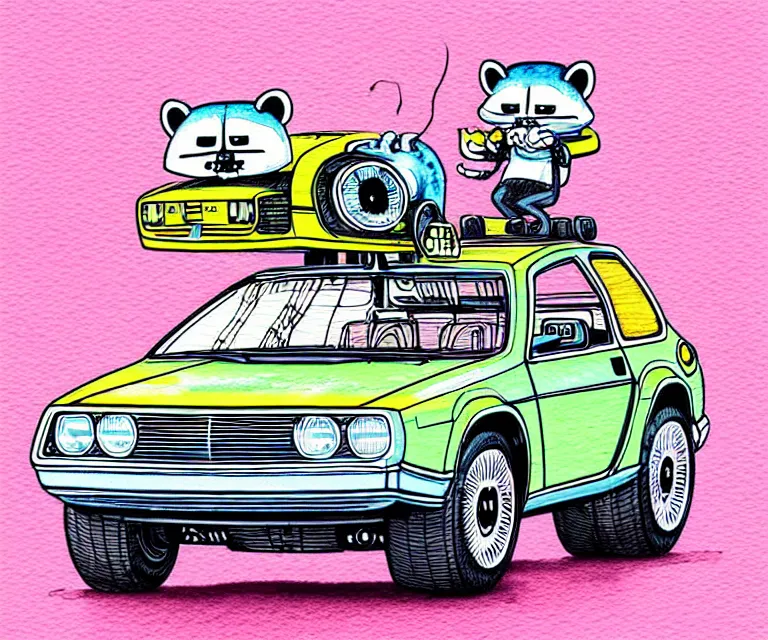 Prompt: cute and funny, racoon wearing a helmet riding in a tiny silver color hot rod dmc delorean with oversized engine, ratfink style by ed roth, centered award winning watercolor pen illustration, isometric illustration by chihiro iwasaki, edited by range murata, fine details by artgerm