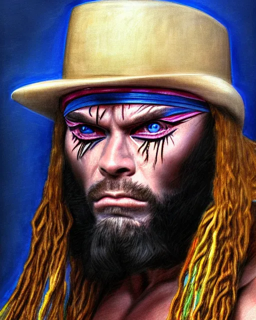 Prompt: realistic portrait of randy macho man savage, crying big blue tears, by leonardo davinci, ultra detailed, character design, concept art, trending on artstation,