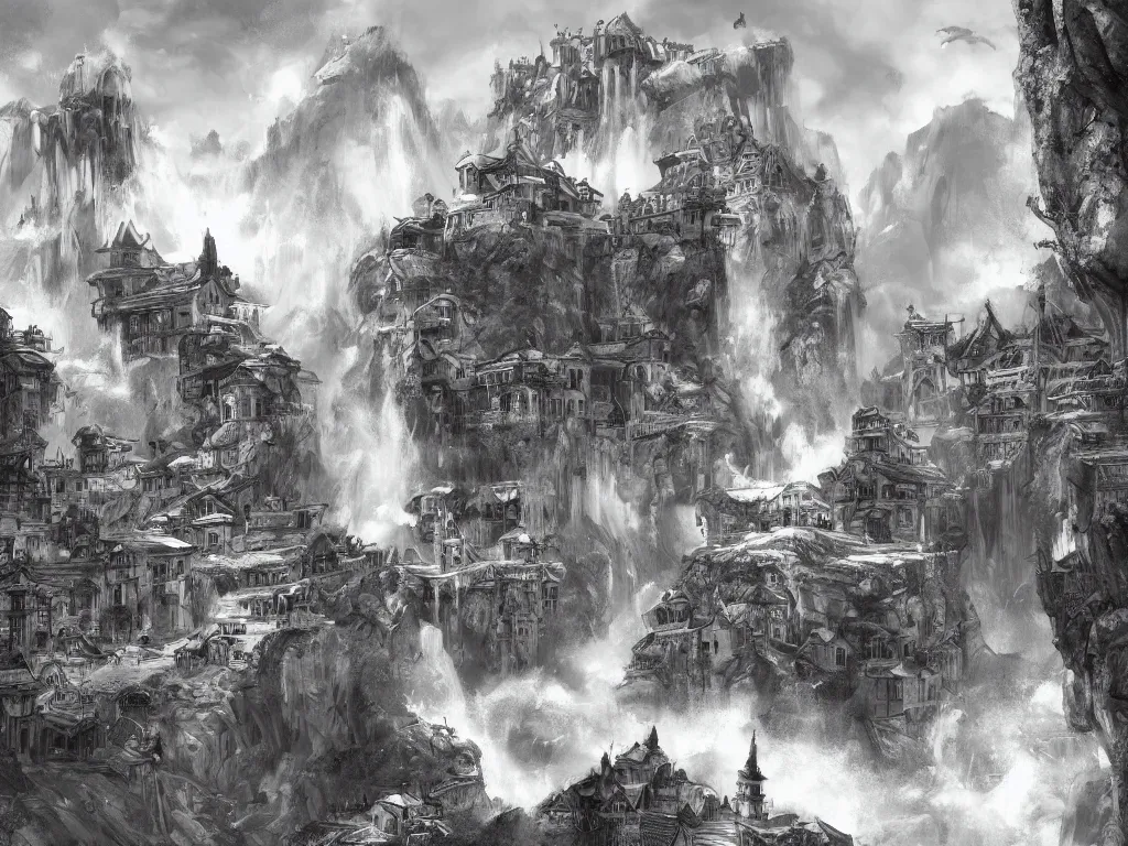 Image similar to impressive concept art of crooked ancient town, artstation, ink, black white, hills, waterfall, river, dominating palace with white walls on top of the hill