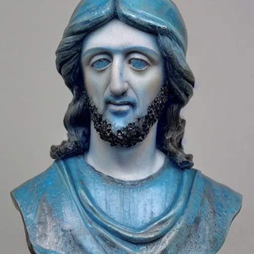 Prompt: holy roman chalkware Jesus bust antique painted pearlescent blue sacred Catholic