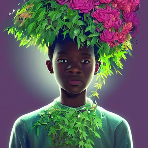 Prompt: colourful vfx art - portrait of nigerian boy wrapped in flowers & vines, art by hsiao - ron cheng & james jean, volumetric light, colourful, sharp, detailed, digital painting, illustration, illustration, highly detailed, intricate detail, unreal engine, octae render, pinterest, behance, art station,