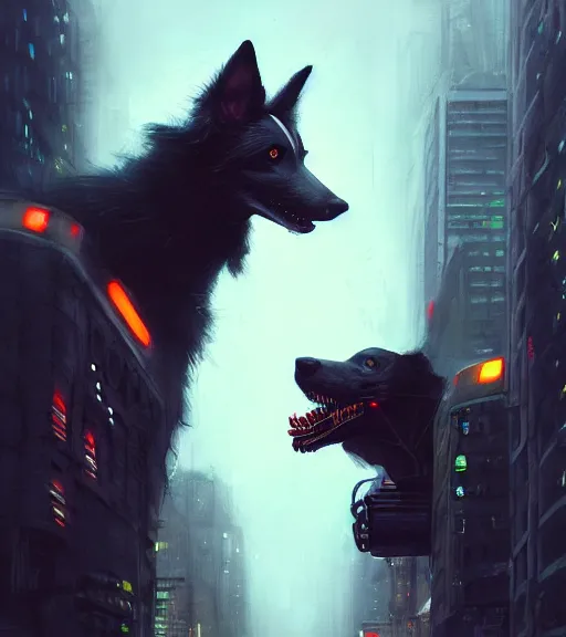 Image similar to new york city portrait of furry anthro anthropomorphic border collie head animal person fursona wearing clothes strange cybernetic augmentations cyber muzzle gloomy rainy cyberpunk digital art by Greg Rutkowski, Simon Stalenhag, trending on Artstation, CGSociety