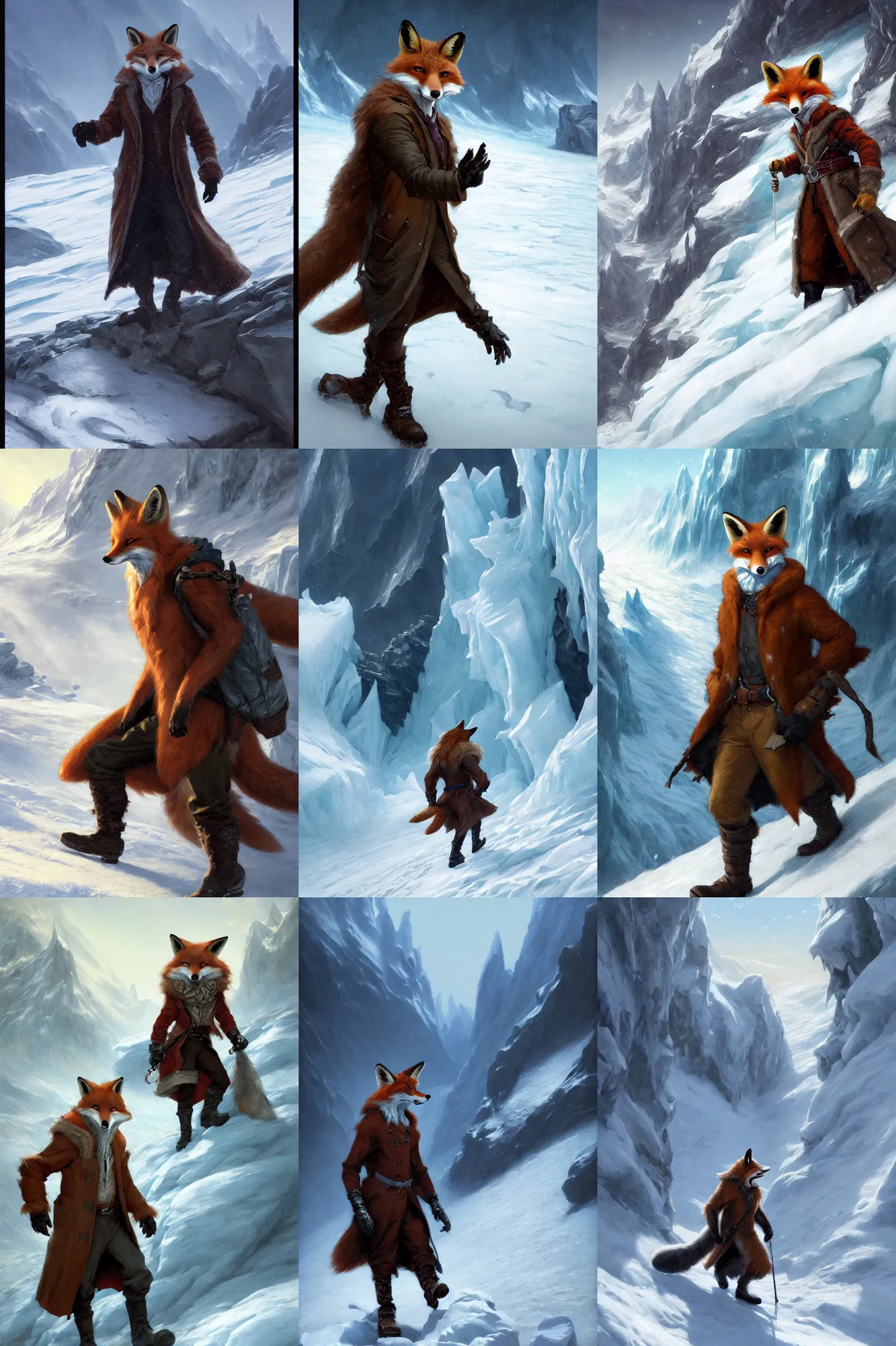 Prompt: an anthropomorphic fox man wearing a long coat walking across a glacier, hands in pockets, blizzard, character illustration by Aaron Miller, Greg Rutkowski, thomas kinkade, Howard Pyle, disney, El Greco, Cynthia Sheppard