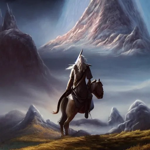 Image similar to Gandalf the grey om his horse protecting the city from an imminent meteor strike with his staff mountains in the distance, wide angle shot, hyper realistic painting, middle earth vibes