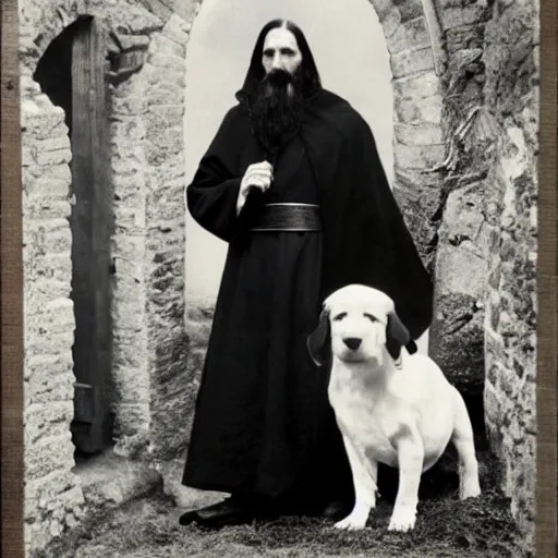 Image similar to photo of breton monks looking like rasputin with with athos monks on athos, with a dog