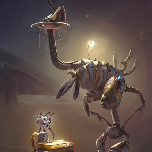 Image similar to unicorn grey alien changing batteries to a robotic crab with african decoration and a spongebob puppet, highly detailed, concept art, art by wlop and artgerm and greg rutkowski, masterpiece, trending on artstation, 8 k