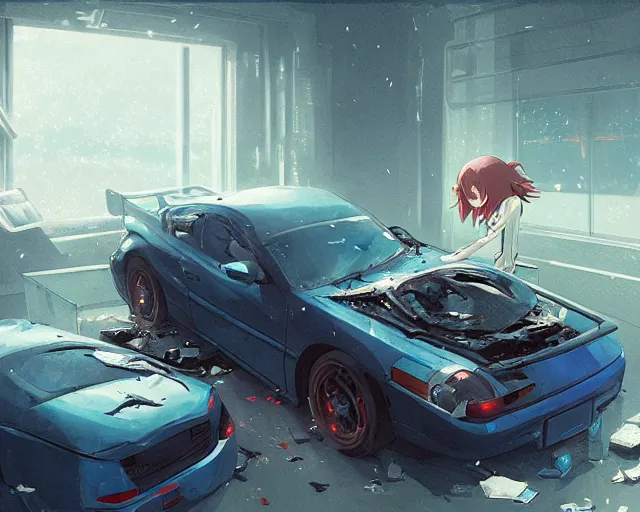 Prompt: a brunnete girl with blue eyes and puffy cheeks lying in a car accident, ambulances around the scene, anime art, Greg Rutkowski, studio ghibli, dramatic lighting