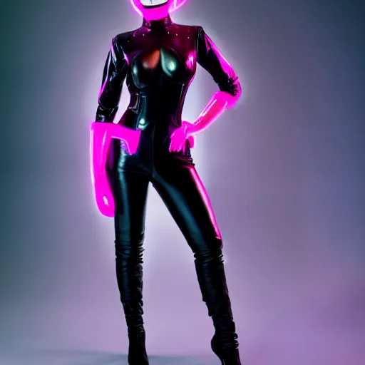 Image similar to Fully-clothed full-body portrait of Christina Hendricks as catwoman with eyes covered, leather thigh-high boots, studio lighting, professional, 8K, neon pink leather