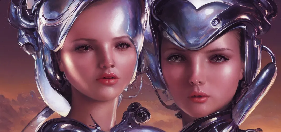 Image similar to face of a cute alien girl wearing shiny plastic armor in the style of roger dean and alberto vargas and stefan kostic, realistic, sharp focus, 8 k high definition, insanely detailed, intricate, elegant, art by greg rutkowski and artgerm, extreme blur coral reef background