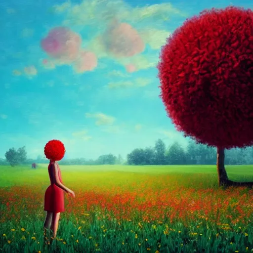 Image similar to giant red flower afro, full body, girl floating in the middle of a field with flowers, surreal photography, hills, sunrise dramatic light, impressionist painting, colorful clouds, digital painting, pointillism, artstation, simon stalenhag