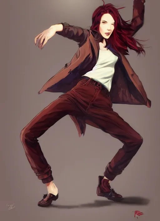 Image similar to full-body shot of an attractive tomboy girl with long, crimson red hair and red eyes, wearing a brown, open jacket and green jeans with a stern look, martial arts pose, concept art, character design, by WLOP, by Ross Draws, by Tomine, by Satoshi Kon, by Rolf Armstrong