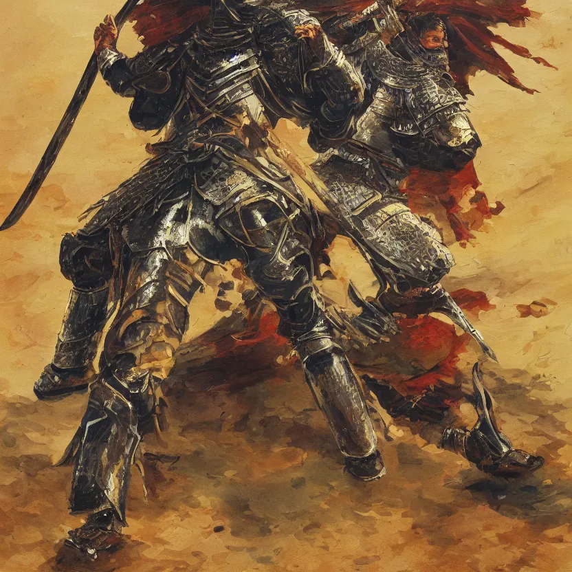 Prompt: a oil painting of an Knight/samurai in a battle ready pose in the style of Jean Giraud detailed realistic High Resolution HD 8k in color