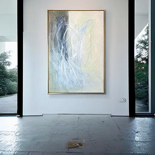 Image similar to : abstract paintings on wall in white art studio with modern architecture