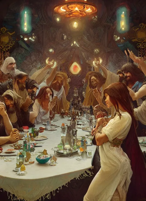 Image similar to the last supper beautiful painting by arthur addams and greg rutkowski and alphonse mucha, highly detailed, illustration, epic, fantasy, intricate, hyper detailed, artstation, concept art, smooth, sharp focus, ray tracing