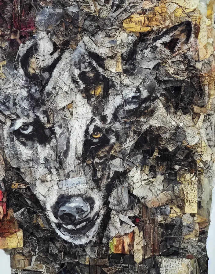 Prompt: the wolves are whispering detailed analogue mixed media collage with canvas texture in style of contemporary art, punk art, hyperrealistic beautiful face, photorealistic, expressionism, masterpiece, perfect composition, spectacular quality torn paper, intricate oil details, broken glass