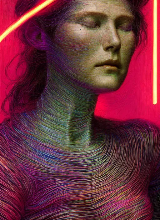 Image similar to woman, portrait close-up, neon, RGB, glowing wires everywhere, pristine, by Edgar Maxence and Ross Tran, Zdzisław Beksiński, and Michael Whelan, distant, gustav dore, H.R. Giger, 8k, octane render