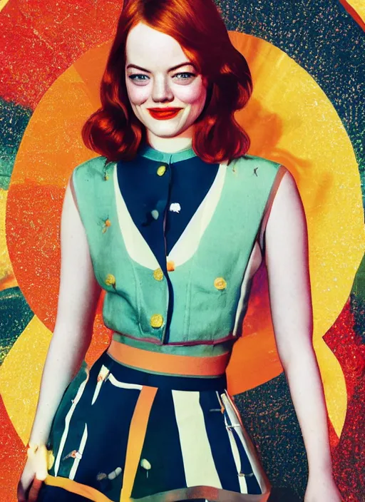 Image similar to young Emma Stone wearing a vintage Raypunk outfit, accurate anatomy, abstract sun in background, shiny soft skin, soft lighting, sharp details, warm colors, full body portrait, 35 mm film, subsurface scattering, lens flare