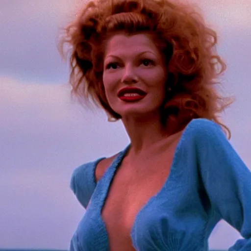Prompt: natural 8 k shot from a 2 0 0 5 romantic comedy by sam mendes of rita hayworth with natural face, freckles, natural skin, beauty spots and very small lips. she stands with no swimsuit and looks on the horizon with lot of winds moving her hair. fuzzy blue sky in the background. small details, natural lighting, 2 4 mm lenses, sharp focus