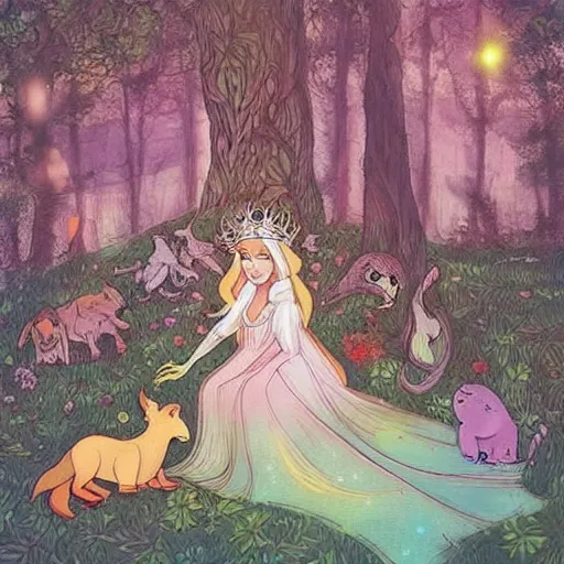 Image similar to A beautiful street art of Princess Aurora singing in the woods while surrounded by animals. She looks so peaceful and content in the company of the animals, and the colors are simply gorgeous. mythological map by Josan Gonzalez, by Bill Henson amorphous