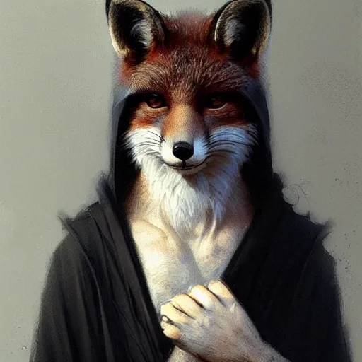 Image similar to A portrait of an anthropomorphic fox in a black robe by Greg Rutkowski, artstation, 8k, Norman Rockwell