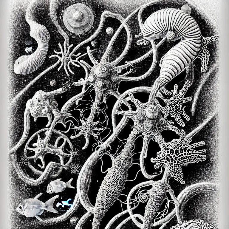 Image similar to a black and white drawing of a variety of sea life and filled with gundam mech equipment space station, a microscopic photo by ernst haeckel, zbrush central, kinetic pointillism, bioluminescence, intricate patterns, photoillustration