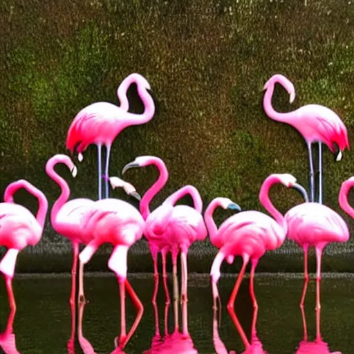 Prompt: ten melting pink flamingos in the style of Dali