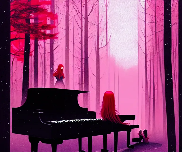 Image similar to a painting of a beautiful face gothic girl, pink hair in a stunning red dress playing a piano in the dark snowy forestby randolph stanley hewton and alena aenami, cg society contest winner, retrofuturism, matte painting